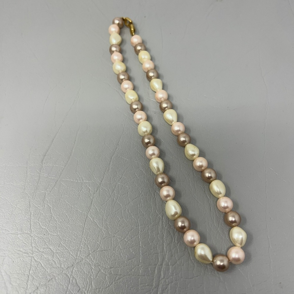Vintage Faux Pearl Necklace Pink Brown White Gold Tone Clasp 18 inches